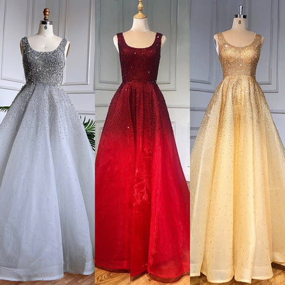 Vestidos de noche árabes rojos de lujo con cuentas de cristal, estilo Dubái, sexys, para mujer, para fiesta de boda, LA70232A 