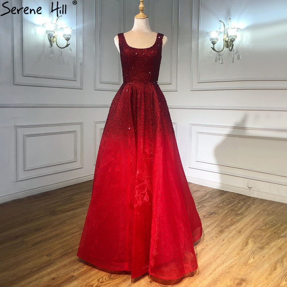 Vestidos de noche árabes rojos de lujo con cuentas de cristal, estilo Dubái, sexys, para mujer, para fiesta de boda, LA70232A 