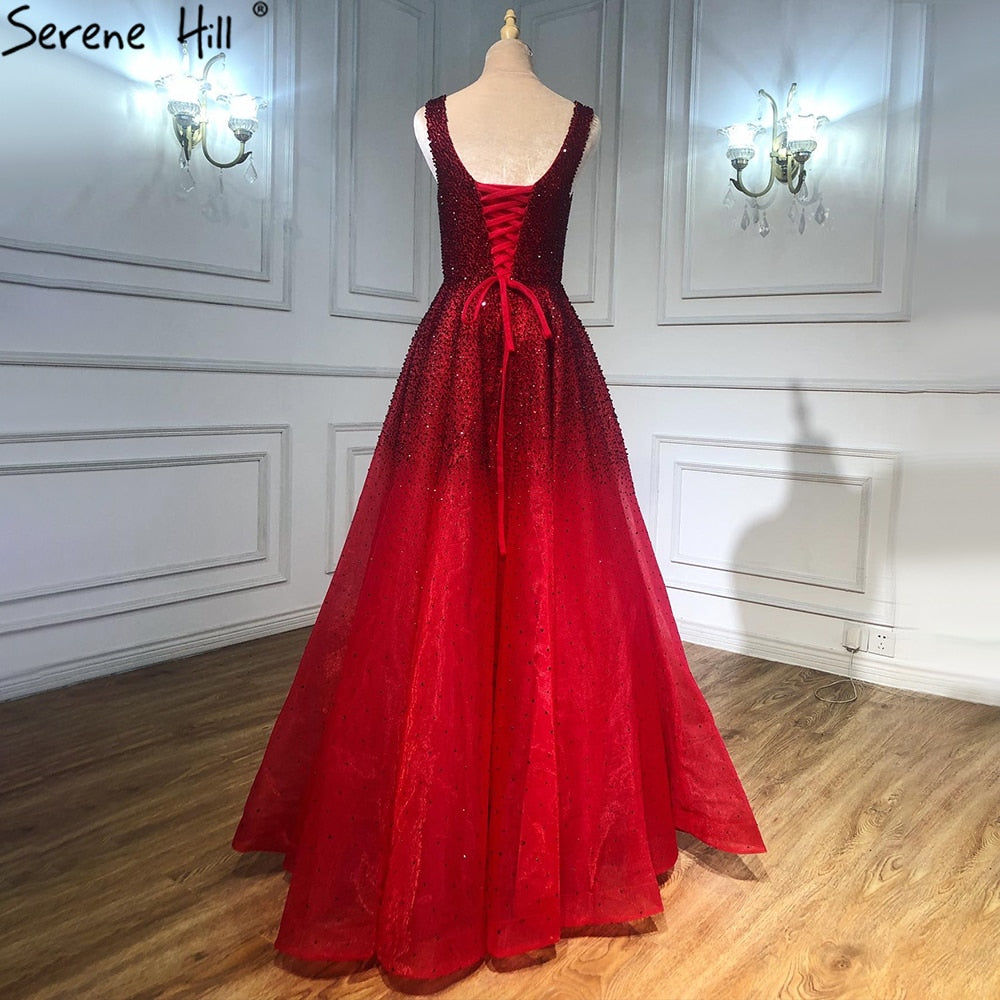Vestidos de noche árabes rojos de lujo con cuentas de cristal, estilo Dubái, sexys, para mujer, para fiesta de boda, LA70232A 