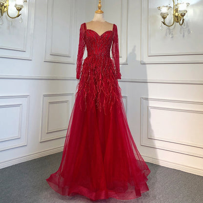 Vestido de noche árabe de lujo con cuentas y plumas, hecho a mano, 2025 LA71468