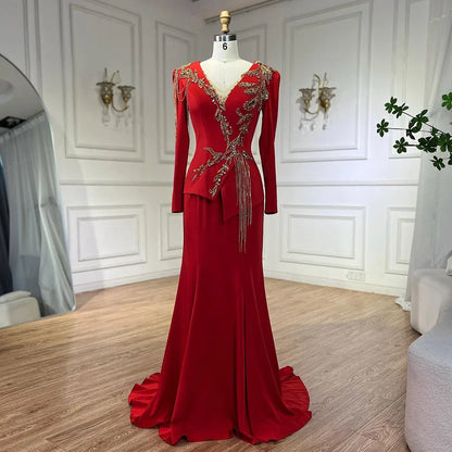 Vestidos de sirena árabes rojos para mujer, elegantes vestidos de noche de Dubái con borlas y cuentas, de lujo, para bodas, LA72558 
