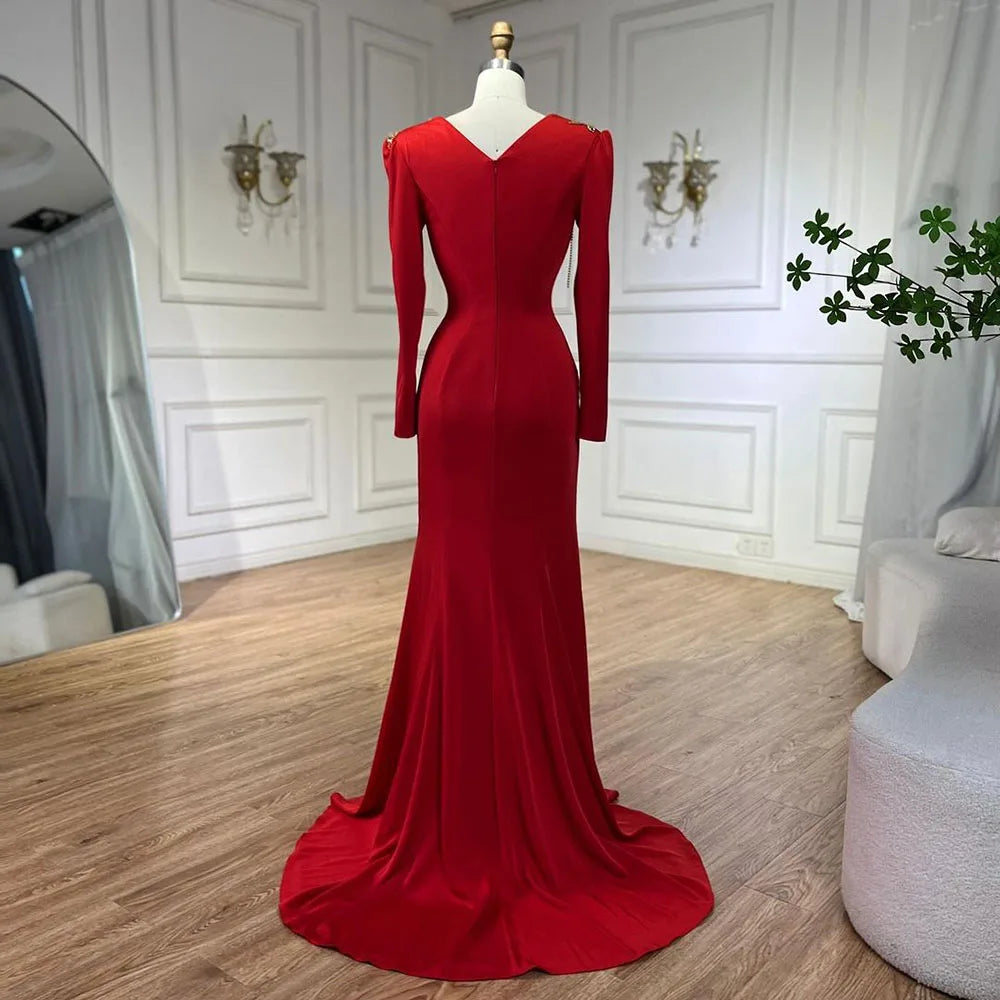 Vestidos de sirena árabes rojos para mujer, elegantes vestidos de noche de Dubái con borlas y cuentas, de lujo, para bodas, LA72558 
