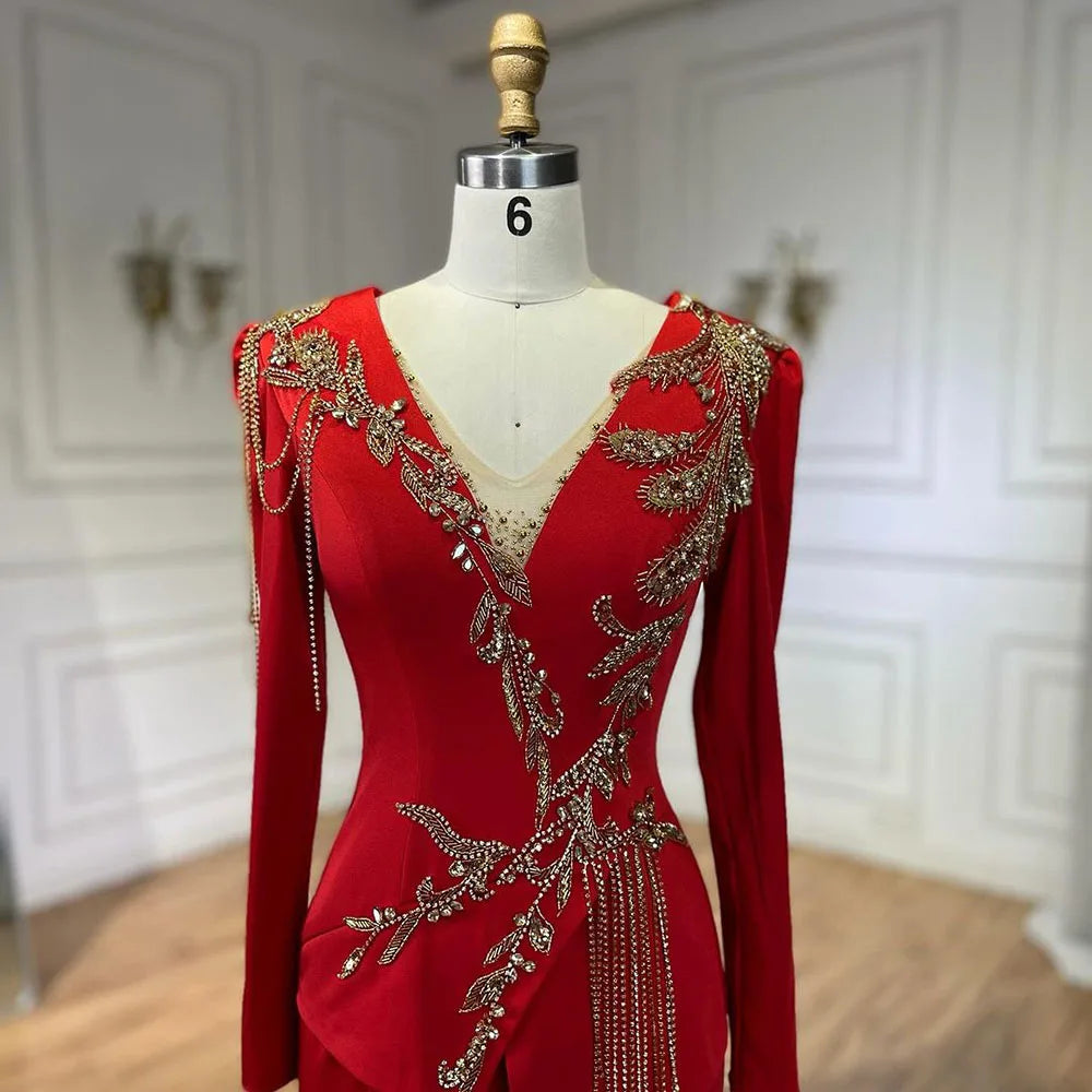 Vestidos de sirena árabes rojos para mujer, elegantes vestidos de noche de Dubái con borlas y cuentas, de lujo, para bodas, LA72558 