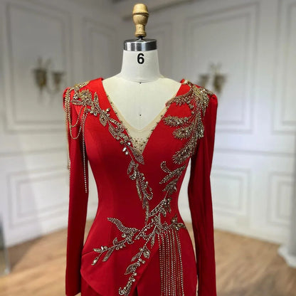Vestidos de sirena árabes rojos para mujer, elegantes vestidos de noche de Dubái con borlas y cuentas, de lujo, para bodas, LA72558 