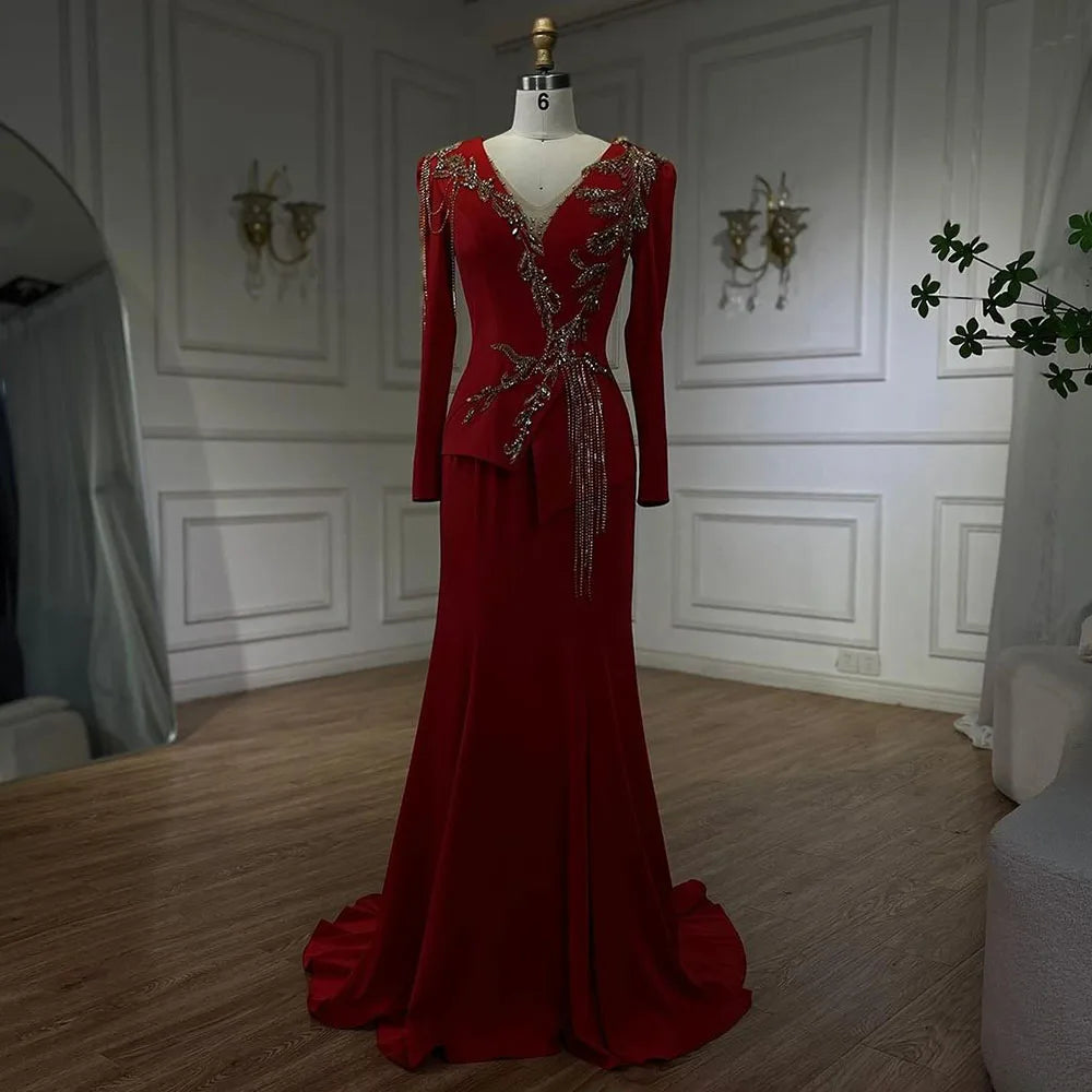 Arabic Red Mermaid Dresses for Women, Elegant Tassel, Beaded, Luxury, Dubai Evening Gowns, Wedding Party, LA72558,