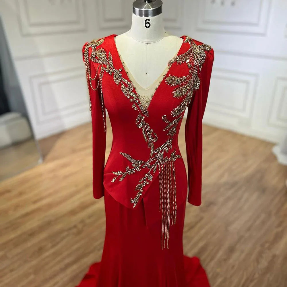 Vestidos de sirena árabes rojos para mujer, elegantes vestidos de noche de Dubái con borlas y cuentas, de lujo, para bodas, LA72558 