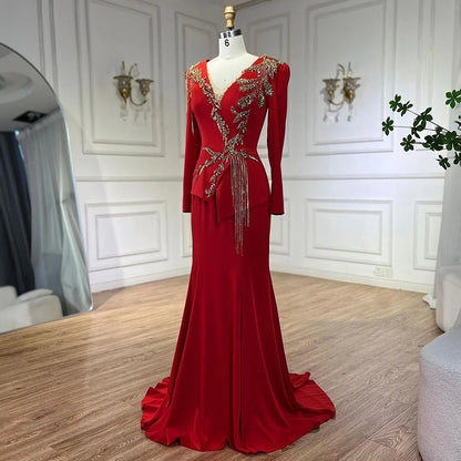 Vestidos de sirena árabes rojos para mujer, elegantes vestidos de noche de Dubái con borlas y cuentas, de lujo, para bodas, LA72558 
