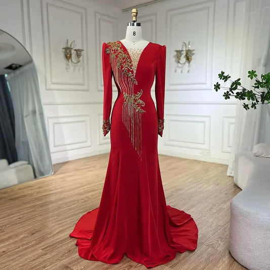 Vestidos de noche elegantes de sirena roja árabe con borlas y cuentas de lujo de Dubái 2025 para mujer, fiesta de boda LA72494 