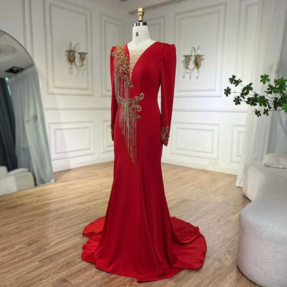 Vestidos de noche elegantes de sirena roja árabe con borlas y cuentas de lujo de Dubái 2025 para mujer, fiesta de boda LA72494 