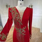 Arabisch Red Mermaid Elegante Quaste Perlen Luxus Dubai Abendkleider Kleider 2025 Für Frauen Hochzeit Party LA72494 