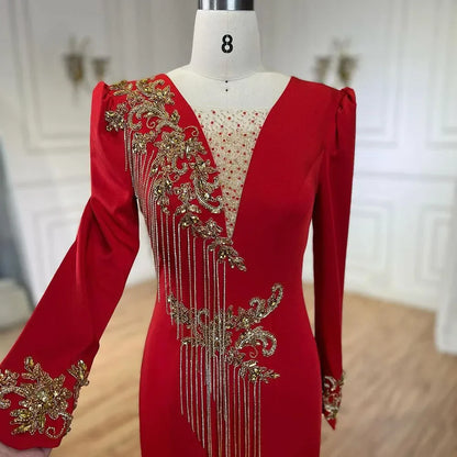 Vestidos de noche elegantes de sirena roja árabe con borlas y cuentas de lujo de Dubái 2025 para mujer, fiesta de boda LA72494 