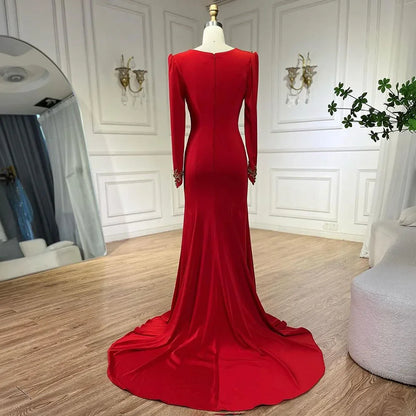 Vestidos de noche elegantes de sirena roja árabe con borlas y cuentas de lujo de Dubái 2025 para mujer, fiesta de boda LA72494 
