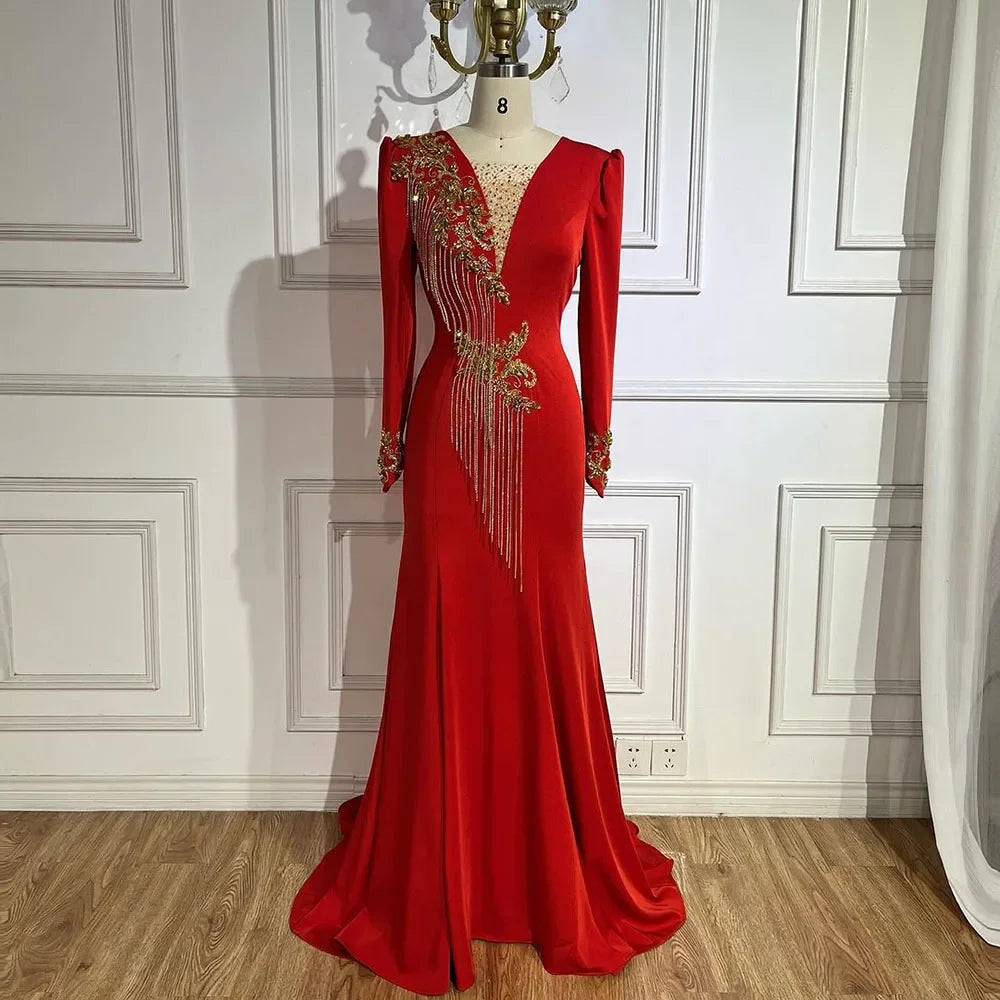 Arabic Red Mermaid Elegant Tassel Beaded Luxury Dubai Evening Dresses Gowns 2025 For Women Wedding Party LA72494