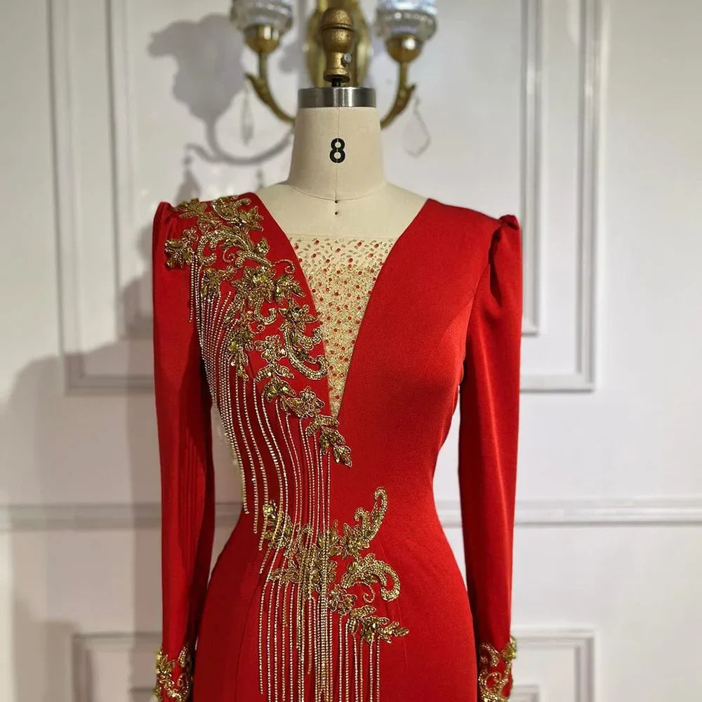 Arabisch Red Mermaid Elegante Quaste Perlen Luxus Dubai Abendkleider Kleider 2025 Für Frauen Hochzeit Party LA72494 
