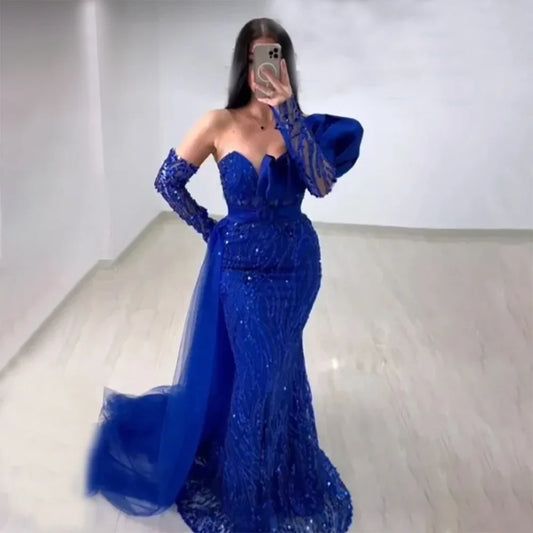 Vestidos de noche de lujo estilo sirena azul real árabe con cuentas, estilo Dubái, elegantes para mujer, para bodas y fiestas, LA72222 