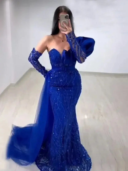 Vestidos de noche de lujo estilo sirena azul real árabe con cuentas, estilo Dubái, elegantes para mujer, para bodas y fiestas, LA72222 