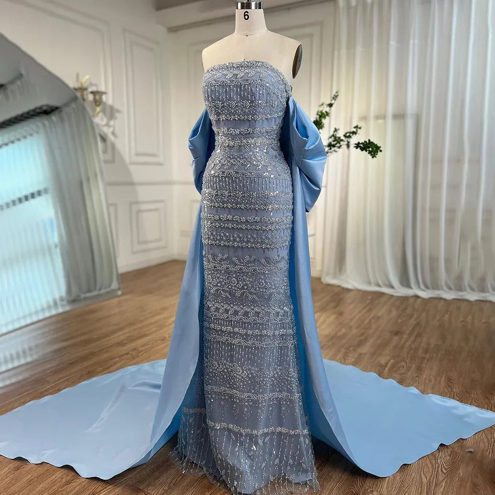 Luxury Sage Green Beaded Evening Dress with Cape LA72126