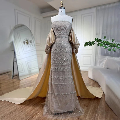 Luxuriöses Abendkleid mit Perlenbesatz und Cape in Salbeigrün LA72126 