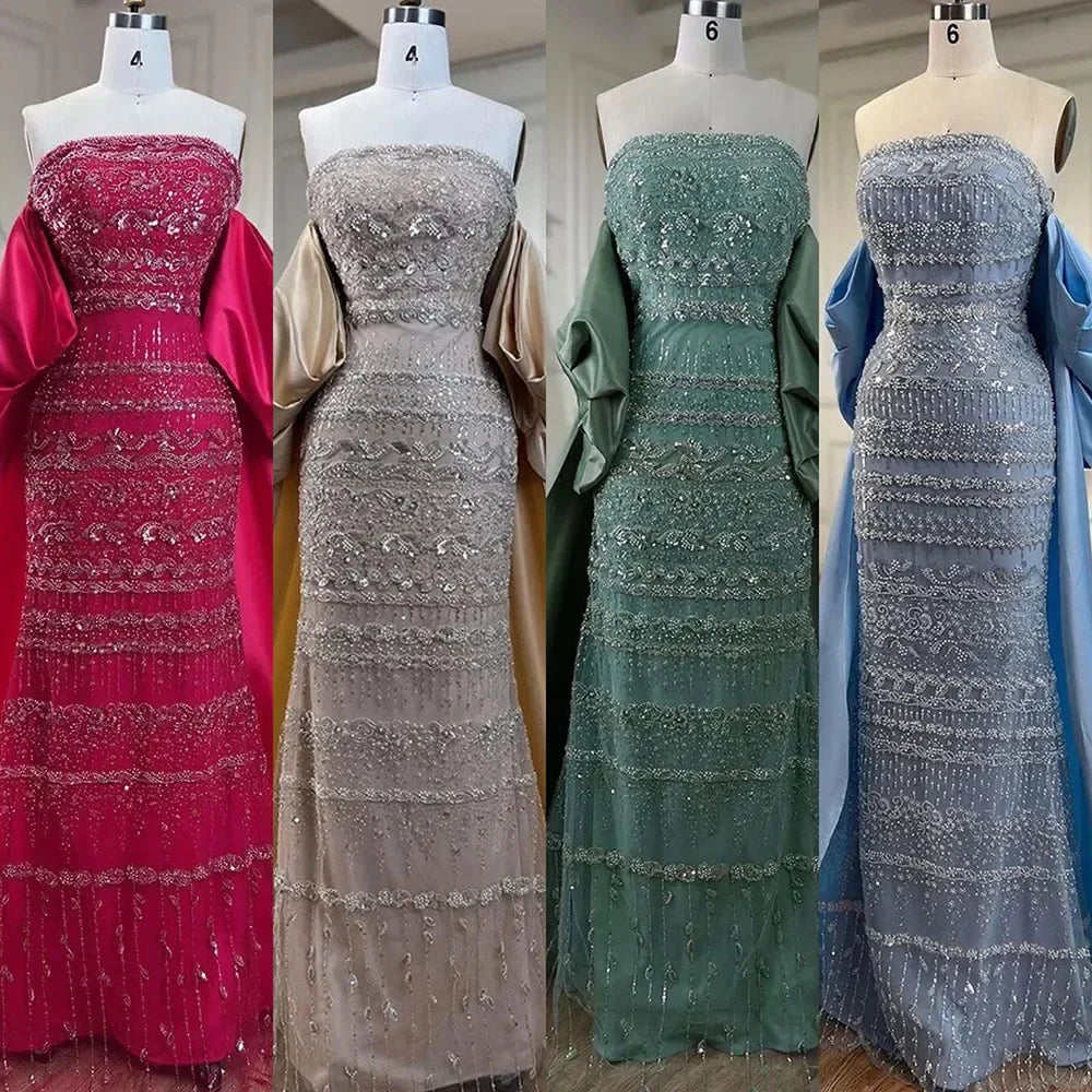 Luxuriöses Abendkleid mit Perlenbesatz und Cape in Salbeigrün LA72126 