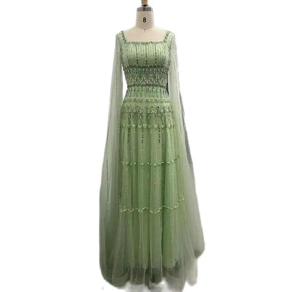 Vestido de noche largo de lujo estilo Dubái, corte A, verde salvia árabe, con cuentas y mangas estilo capa para mujer - Fiesta 2025 LA72595 