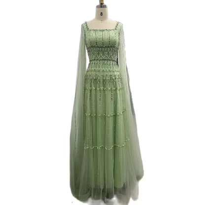 Vestido de noche largo de lujo estilo Dubái, corte A, verde salvia árabe, con cuentas y mangas estilo capa para mujer - Fiesta 2025 LA72595 