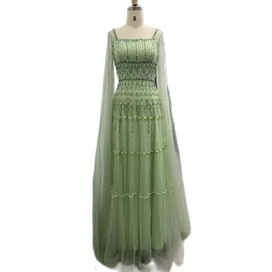 Vestido de noche largo de lujo estilo Dubái, corte A, verde salvia árabe, con cuentas y mangas estilo capa para mujer - Fiesta 2025 LA72595 