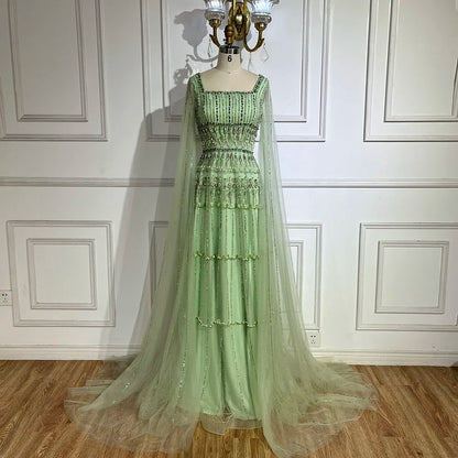 Vestido de noche largo de lujo estilo Dubái, corte A, verde salvia árabe, con cuentas y mangas estilo capa para mujer - Fiesta 2025 LA72595 