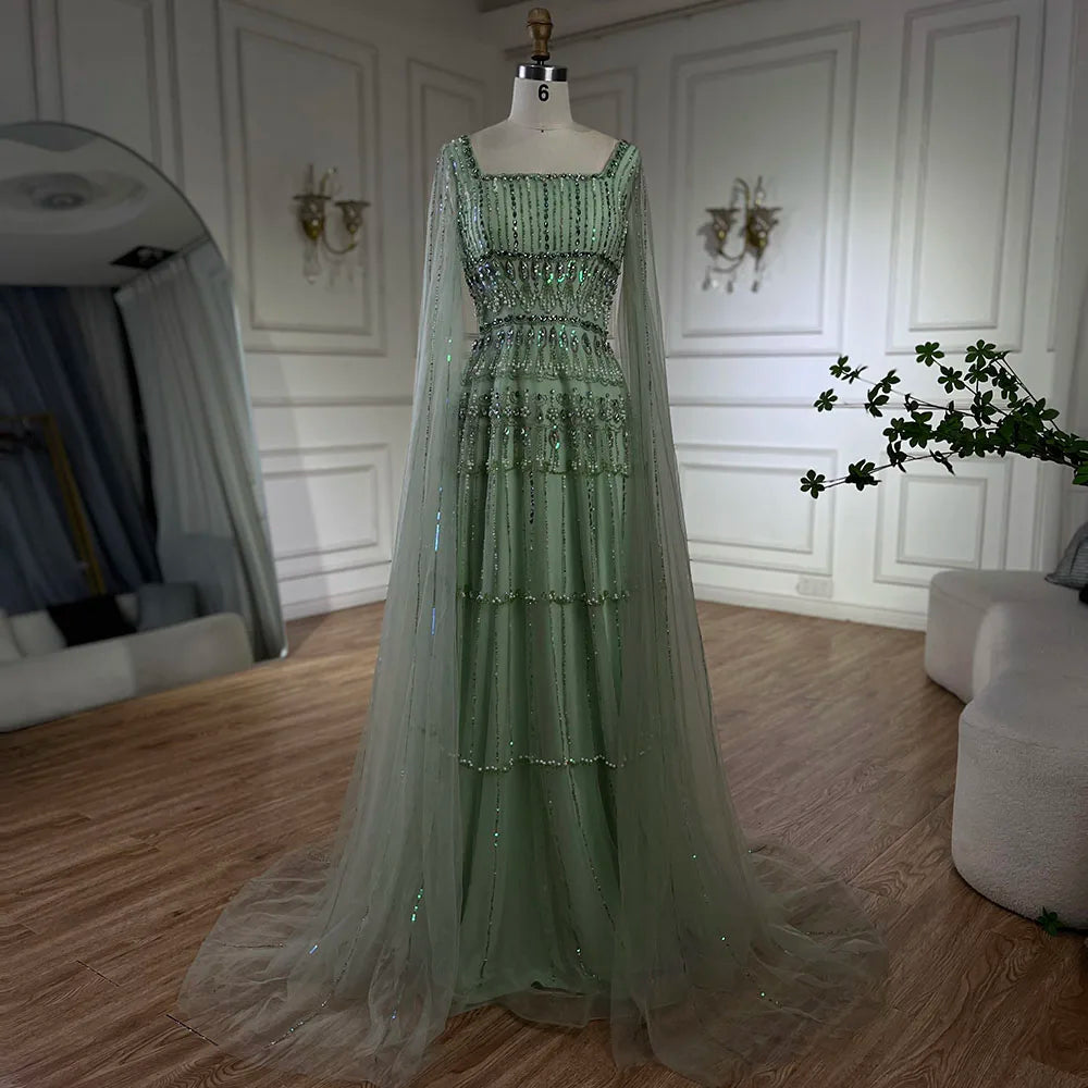Arabisches, Salbeigrünes, A-Linien-Abendkleid mit Perlenbesatz, luxuriöses, langes Dubai-Abendkleid mit Cape-Ärmeln für Damen – Party 2025 LA72595 