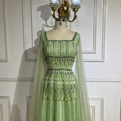 Vestido de noche largo de lujo estilo Dubái, corte A, verde salvia árabe, con cuentas y mangas estilo capa para mujer - Fiesta 2025 LA72595 