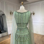 Arabisches, Salbeigrünes, A-Linien-Abendkleid mit Perlenbesatz, luxuriöses, langes Dubai-Abendkleid mit Cape-Ärmeln für Damen – Party 2025 LA72595 