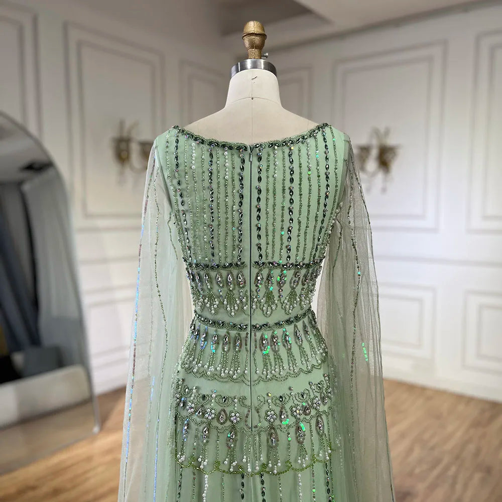 Vestido de noche largo de lujo estilo Dubái, corte A, verde salvia árabe, con cuentas y mangas estilo capa para mujer - Fiesta 2025 LA72595 