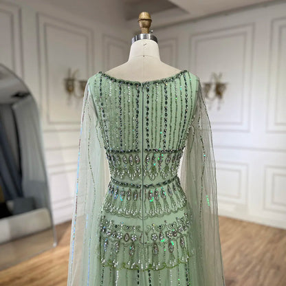Vestido de noche largo de lujo estilo Dubái, corte A, verde salvia árabe, con cuentas y mangas estilo capa para mujer - Fiesta 2025 LA72595 
