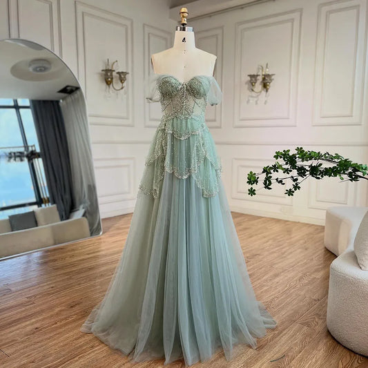 Vestido de noche elegante verde salvia árabe, corte A, hombros descubiertos, de lujo, con cuentas, para mujer, para boda, fiesta, 2025, LA72605 
