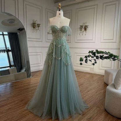 Arabisches Salbeigrünes A-Linien-Abendkleid mit eleganter Schulterpartie und luxuriösen Perlen für Damen, Hochzeitsfeier 2025 LA72605 