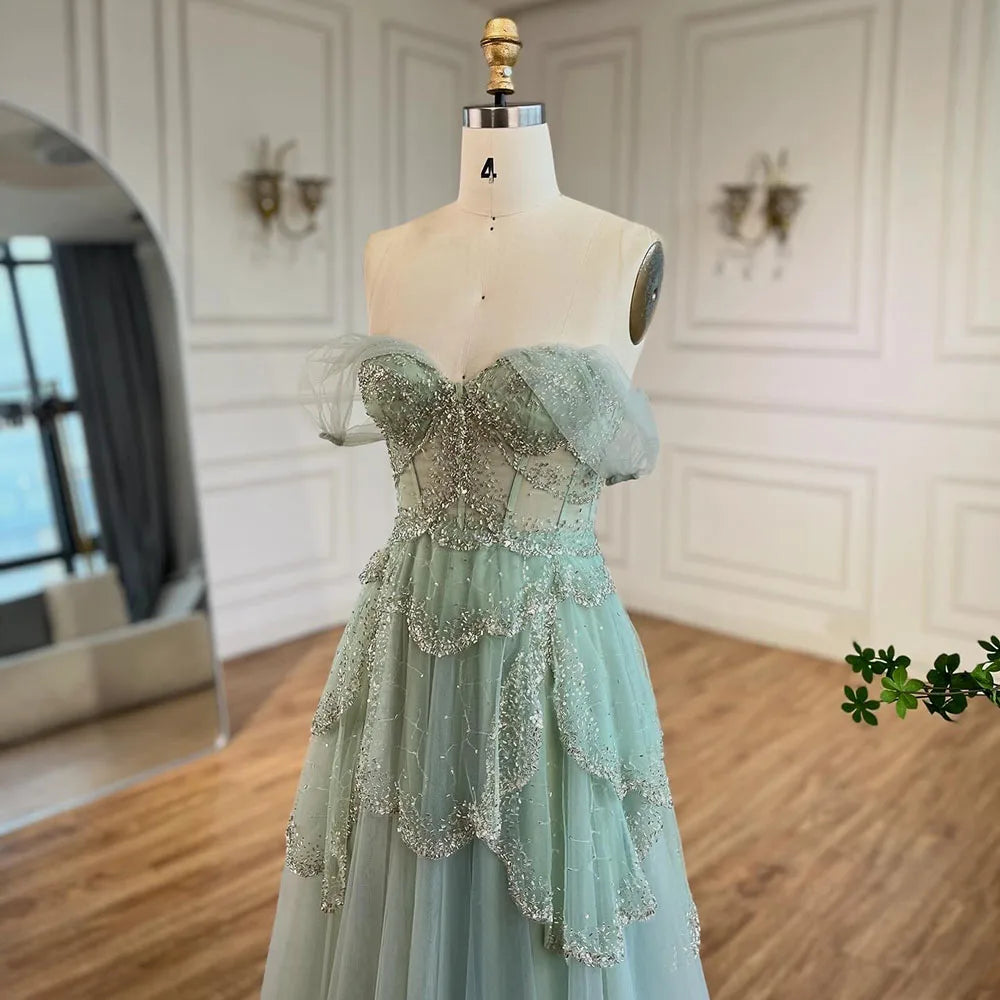 Arabisches Salbeigrünes A-Linien-Abendkleid mit eleganter Schulterpartie und luxuriösen Perlen für Damen, Hochzeitsfeier 2025 LA72605 