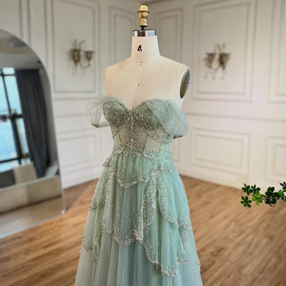 Arabisches Salbeigrünes A-Linien-Abendkleid mit eleganter Schulterpartie und luxuriösen Perlen für Damen, Hochzeitsfeier 2025 LA72605 