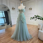 Arabisches Salbeigrünes A-Linien-Abendkleid mit eleganter Schulterpartie und luxuriösen Perlen für Damen, Hochzeitsfeier 2025 LA72605 
