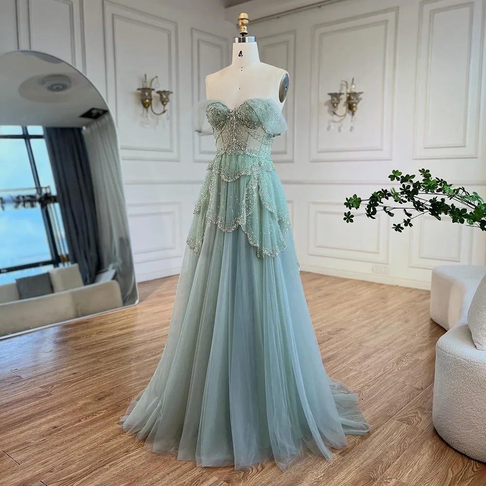 Arabisches Salbeigrünes A-Linien-Abendkleid mit eleganter Schulterpartie und luxuriösen Perlen für Damen, Hochzeitsfeier 2025 LA72605 