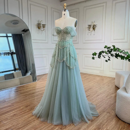 Arabisches Salbeigrünes A-Linien-Abendkleid mit eleganter Schulterpartie und luxuriösen Perlen für Damen, Hochzeitsfeier 2025 LA72605 