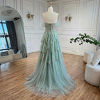 Arabisches Salbeigrünes A-Linien-Abendkleid mit eleganter Schulterpartie und luxuriösen Perlen für Damen, Hochzeitsfeier 2025 LA72605 