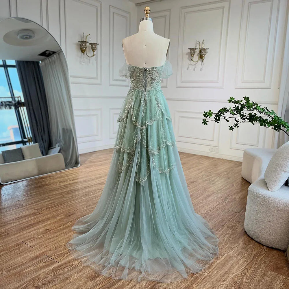 Arabisches Salbeigrünes A-Linien-Abendkleid mit eleganter Schulterpartie und luxuriösen Perlen für Damen, Hochzeitsfeier 2025 LA72605 