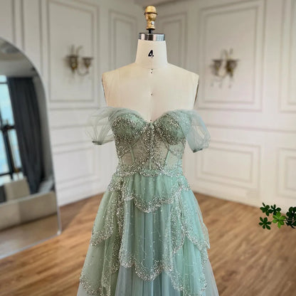 Arabisches Salbeigrünes A-Linien-Abendkleid mit eleganter Schulterpartie und luxuriösen Perlen für Damen, Hochzeitsfeier 2025 LA72605 