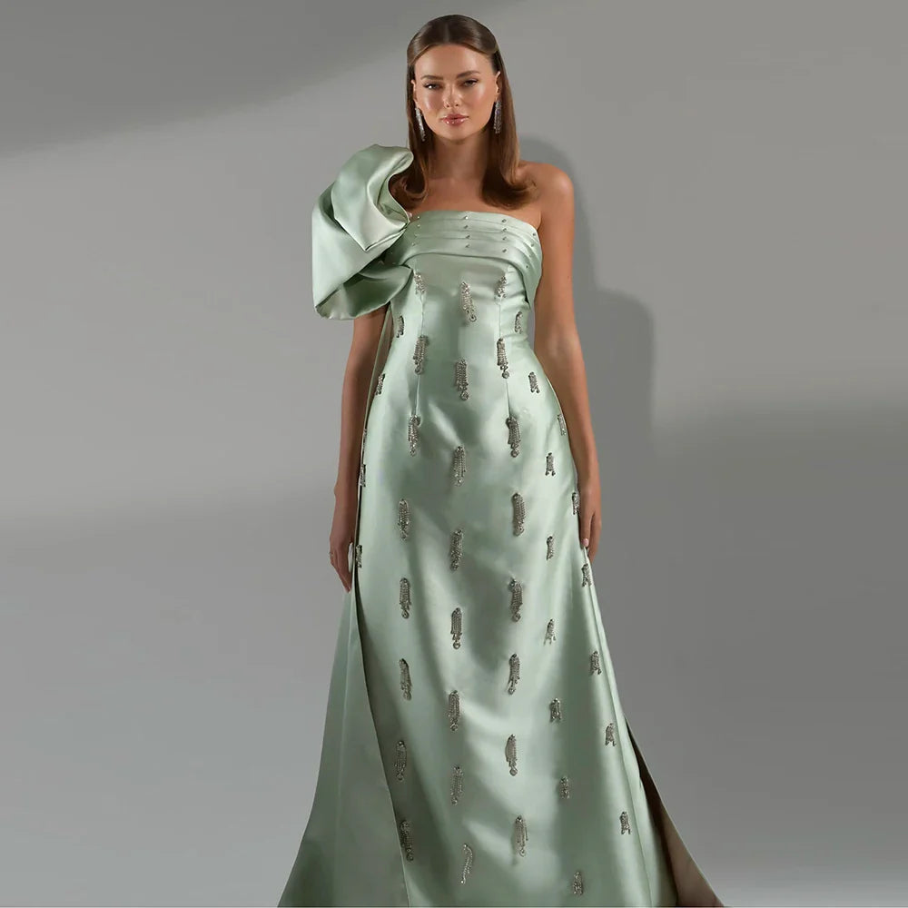 Vestido de noche árabe verde salvia de un solo hombro con capa de cristal de lujo de Dubái para fiesta de boda de mujer LA72412 
