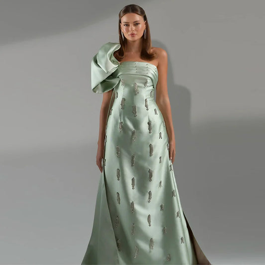 Vestido de noche árabe verde salvia de un solo hombro con capa de cristal de lujo de Dubái para fiesta de boda de mujer LA72412 