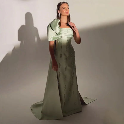 Vestido de noche árabe verde salvia de un solo hombro con capa de cristal de lujo de Dubái para fiesta de boda de mujer LA72412 