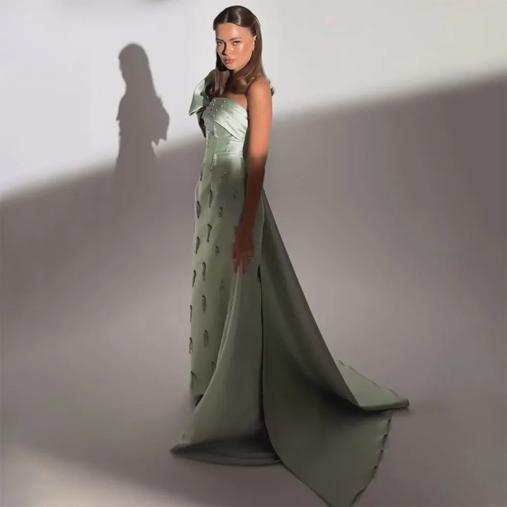 Vestido de noche árabe verde salvia de un solo hombro con capa de cristal de lujo de Dubái para fiesta de boda de mujer LA72412 