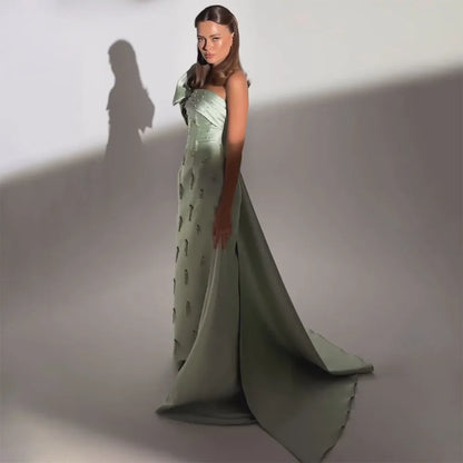 Vestido de noche árabe verde salvia de un solo hombro con capa de cristal de lujo de Dubái para fiesta de boda de mujer LA72412 