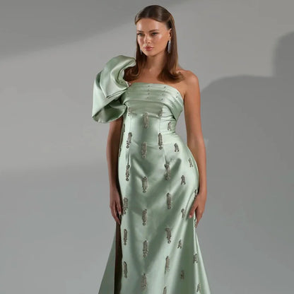 Vestido de noche árabe verde salvia de un solo hombro con capa de cristal de lujo de Dubái para fiesta de boda de mujer LA72412 