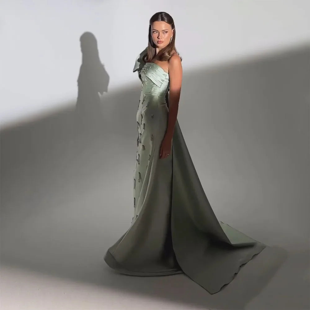 Vestido de noche árabe verde salvia de un solo hombro con capa de cristal de lujo de Dubái para fiesta de boda de mujer LA72412 