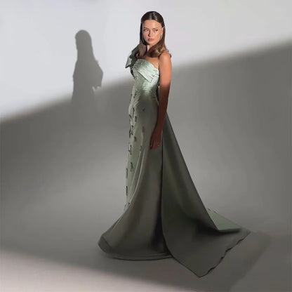 Vestido de noche árabe verde salvia de un solo hombro con capa de cristal de lujo de Dubái para fiesta de boda de mujer LA72412 